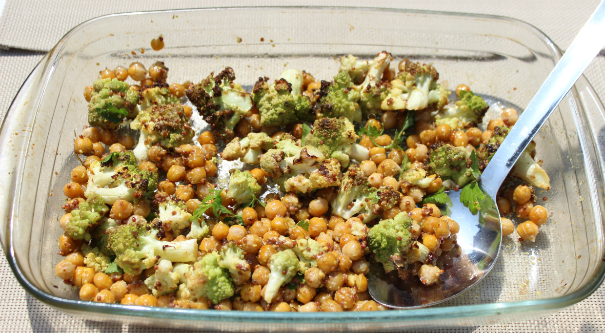 larger chickpeas and roasted green cauliflower with mustard dressing